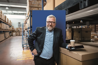Ein Unternehmer steht in einer Lagerhalle. Er lehnt an einer Kiste und hat ein Tablet und einen Kaffeebecher aus Papier in der Hand.