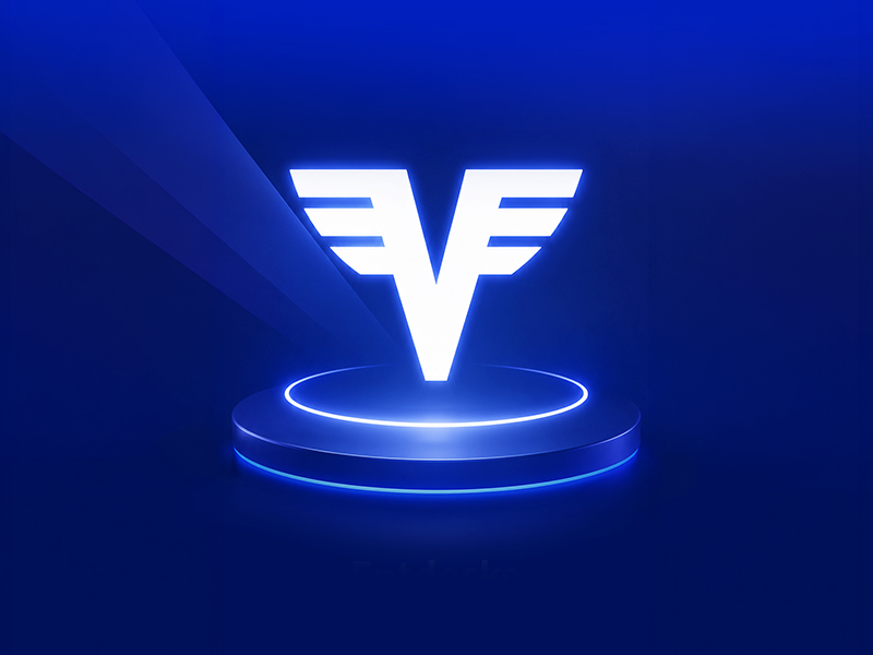 Das Volksbank-Logo auf einem leuchtenden Podest vor blauem Hintergrund.