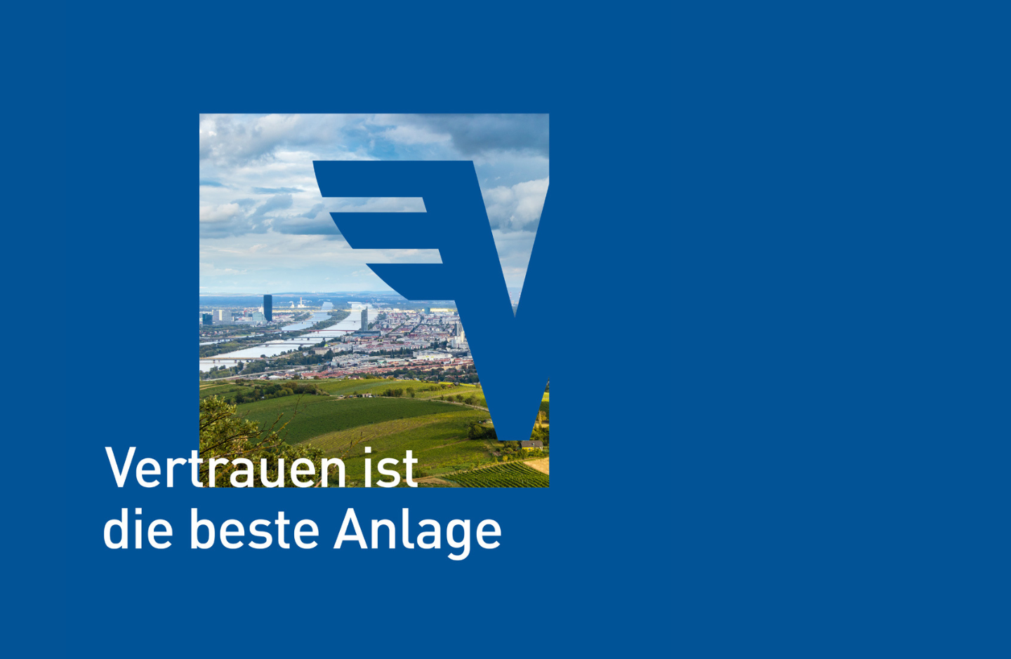 Auf blauem Hintergrund erscheint der Blick auf Wien in einem Qudrat. Darüber befindet sich ein blaues Volksbank-Logo, das mit dem Hintergrund verschmilzt.