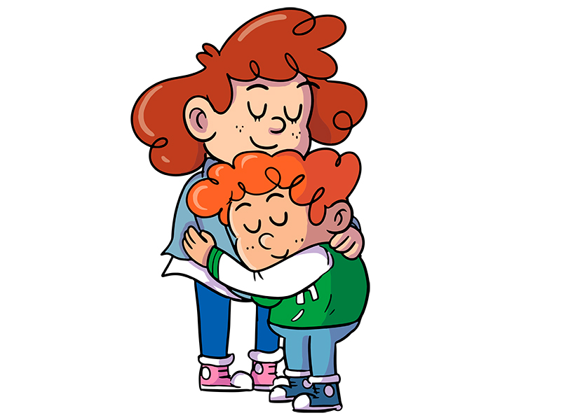 Die Comic-Figuren Klara und Anton umarmen sich.