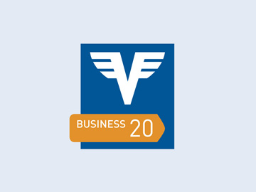 Business Klassik Konto Logo in Blau und Orange auf hellblauem Hintergrund.