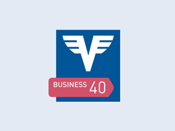 Business Klassik Konto Logo in Blau und Rot auf hellblauem Hintergrund.